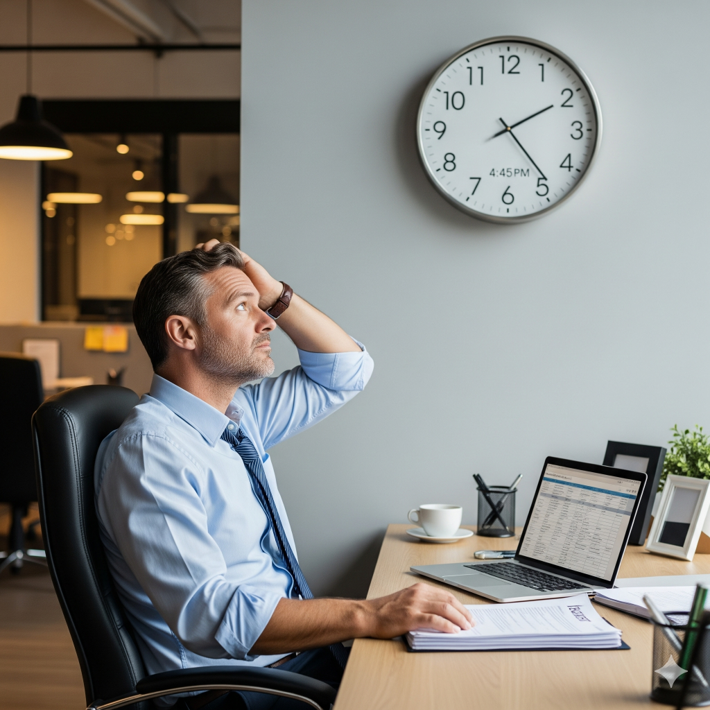 A middle-aged man in a blue shirt and tie sits at his desk in an office, scratching his head as he looks up at a wall clock that reads 4:45.